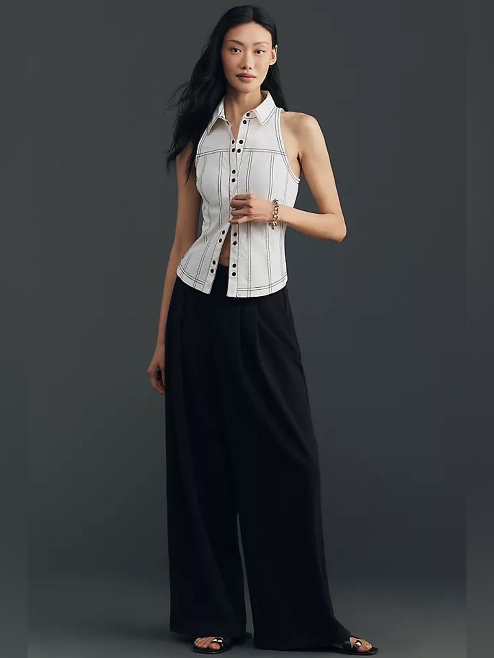 Pilcro White Halter Button-Front Top with Black Contrast Stitching - Picture 4 of 4